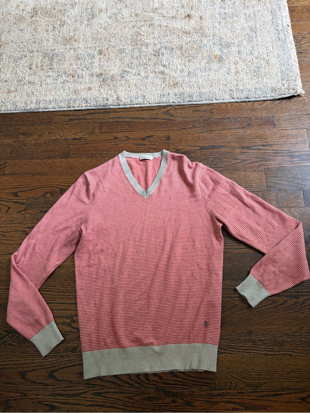 J. Lindeberg Red Stripe V-Neck Sweater with Gray Trim